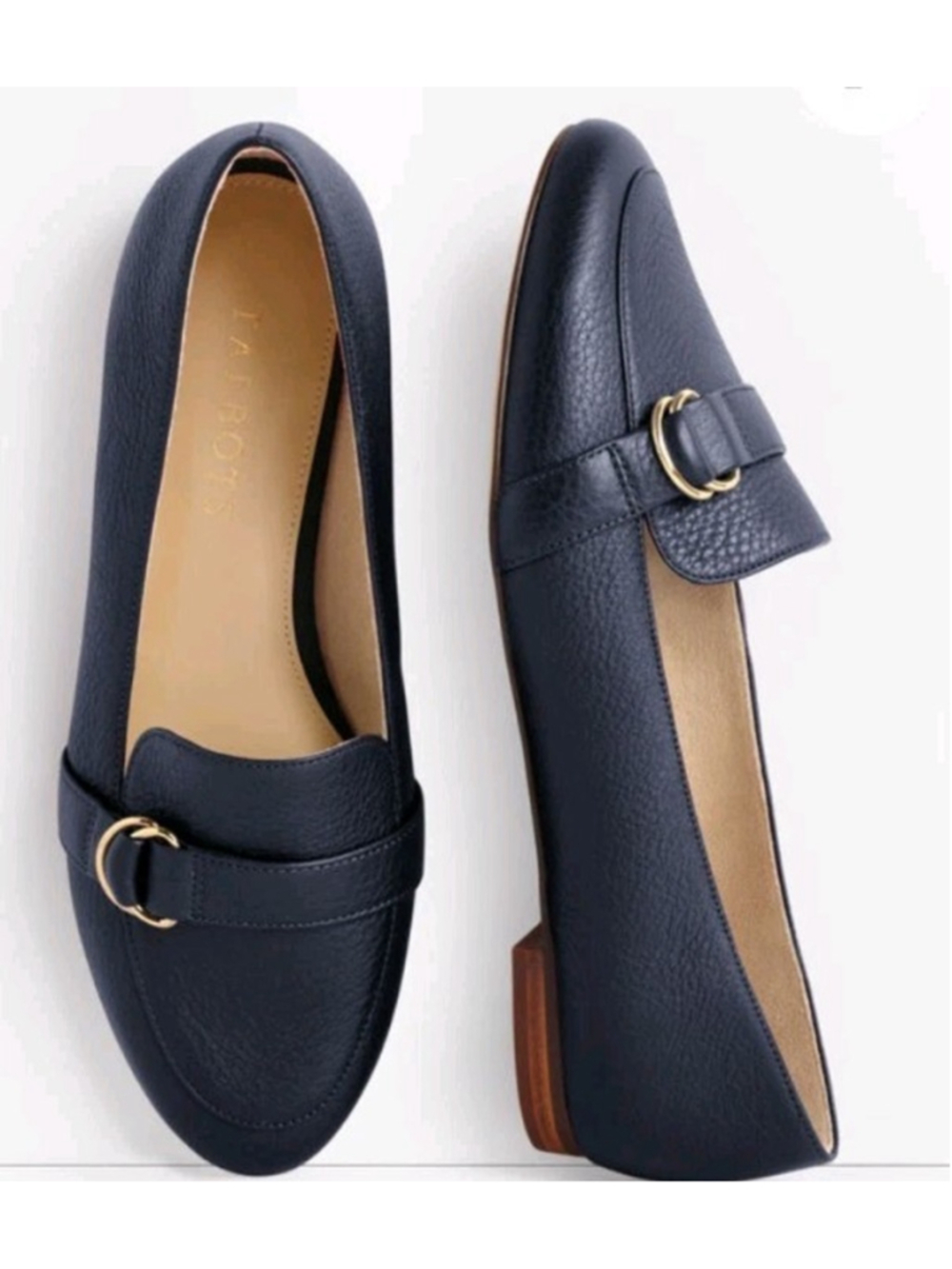 Talbots Ryan D-Ring Leather Loafers - Tonal Webbing Navy Size 9N
